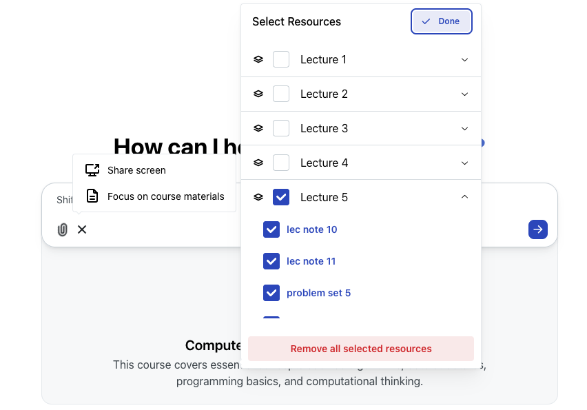 Chat tools window with focus button showing resource selection interface