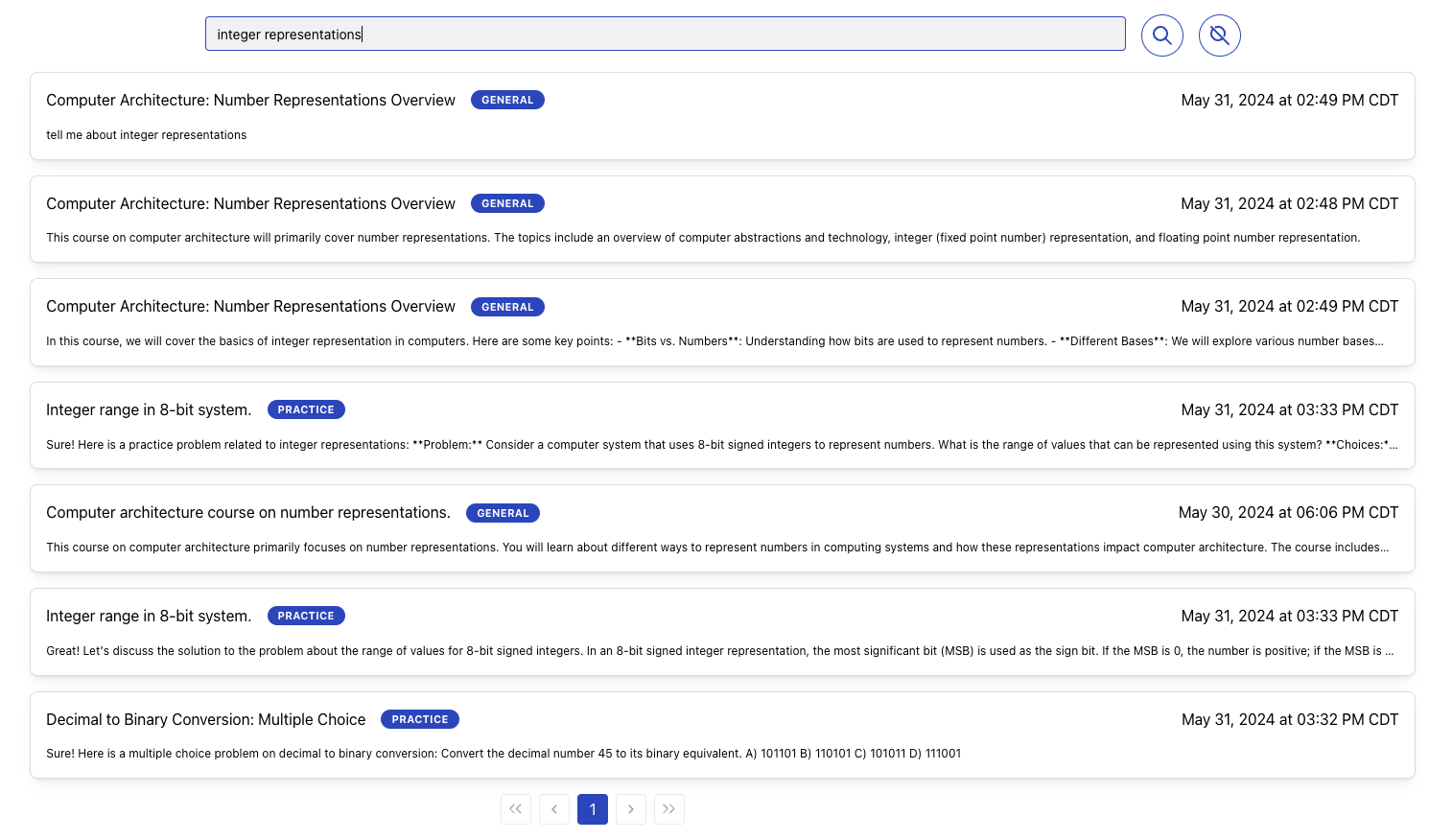Conversation search interface with search bar and results showing individual messages