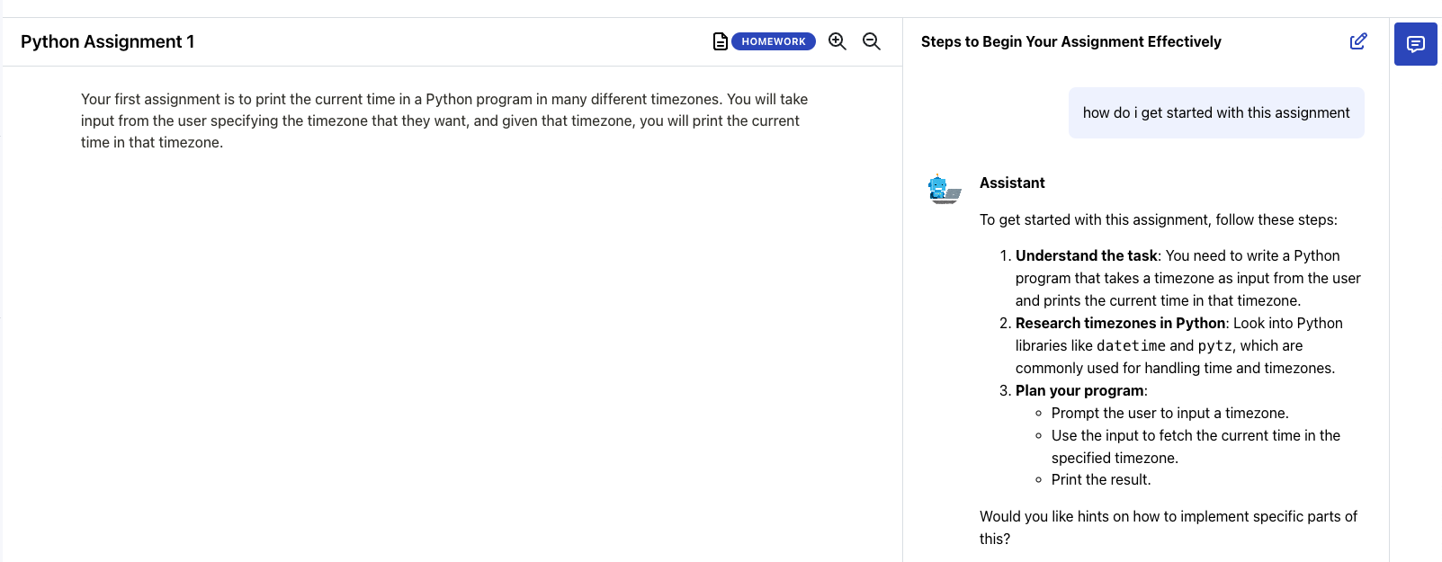 Chat conversation showing assistant providing high-level steps for solving a programming problem