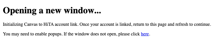 Canvas page showing HiTA button with new window opening for account linking