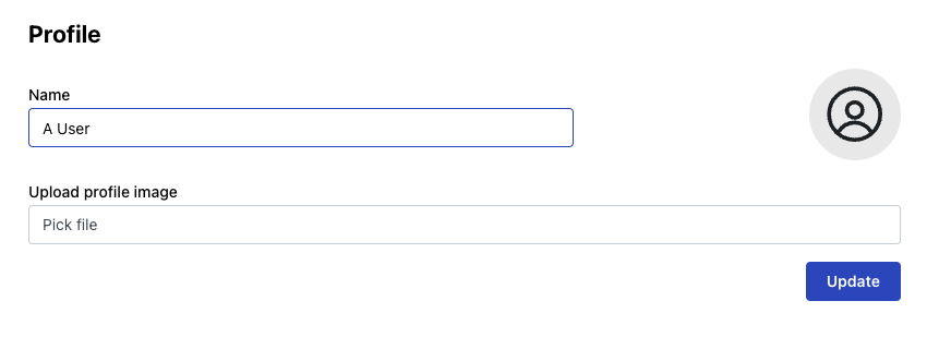 Profile editing page with display name field, profile image upload, and update button