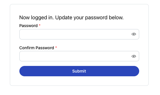 Password reset form with new password fields