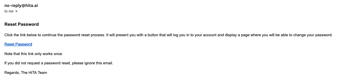 Password reset email with reset link