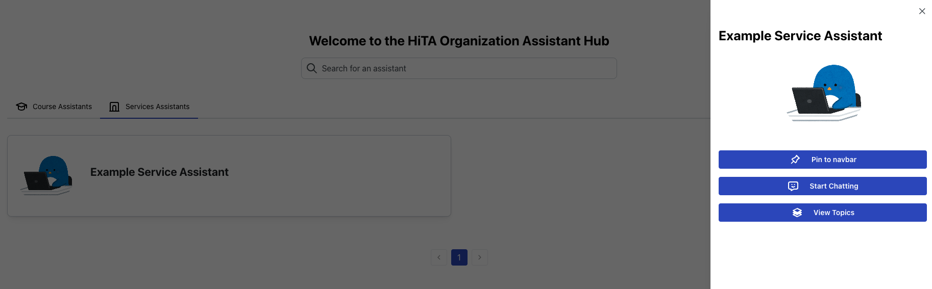 Service assistant sidebar with pin option, Start Chatting button, and View Topics option