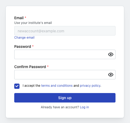 Signup form with password fields and terms acceptance